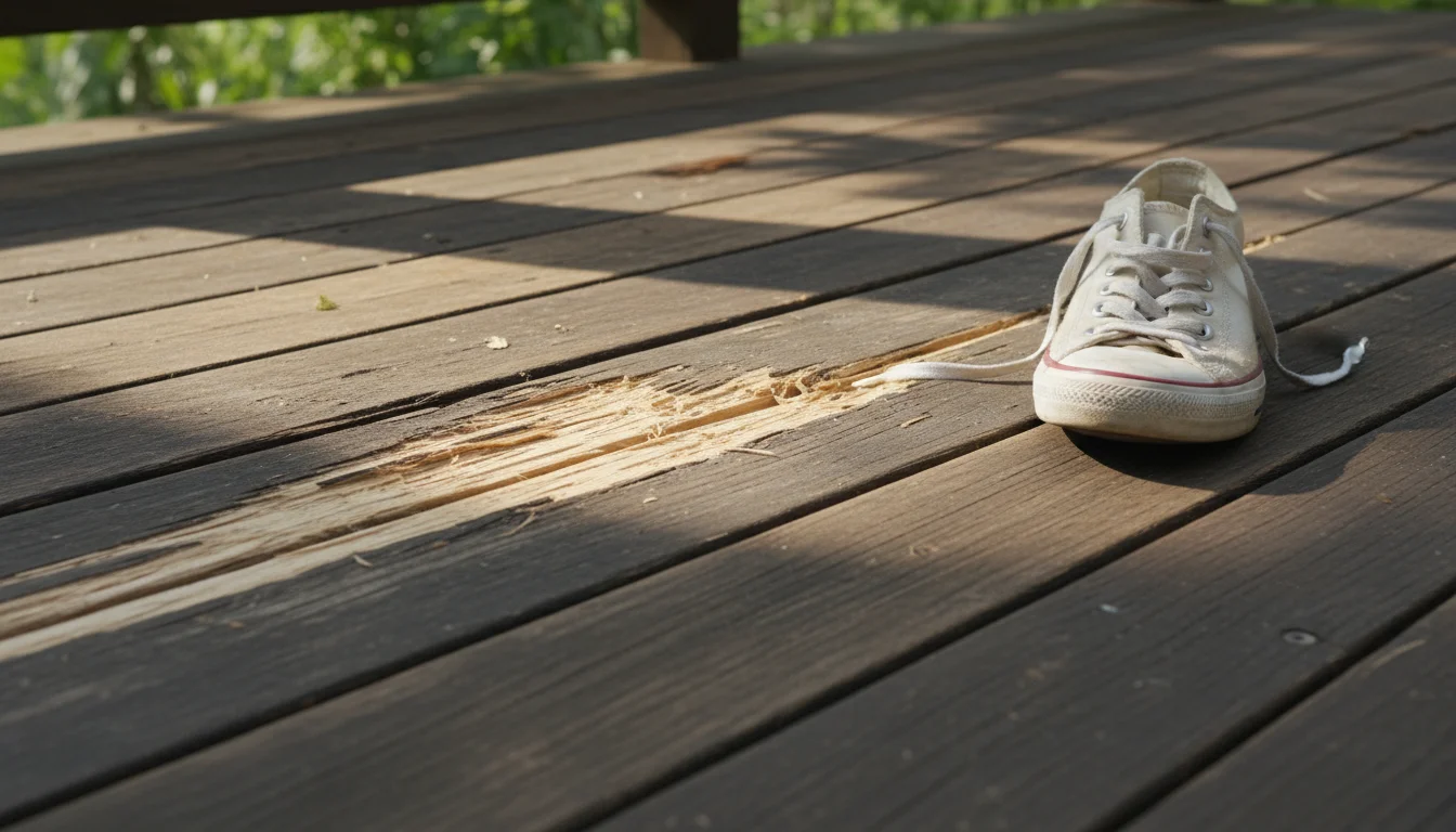 A detailed view of a wooden deck showing a harsh, light-colored pressure washer scar across several planks, next to a casual sneaker.