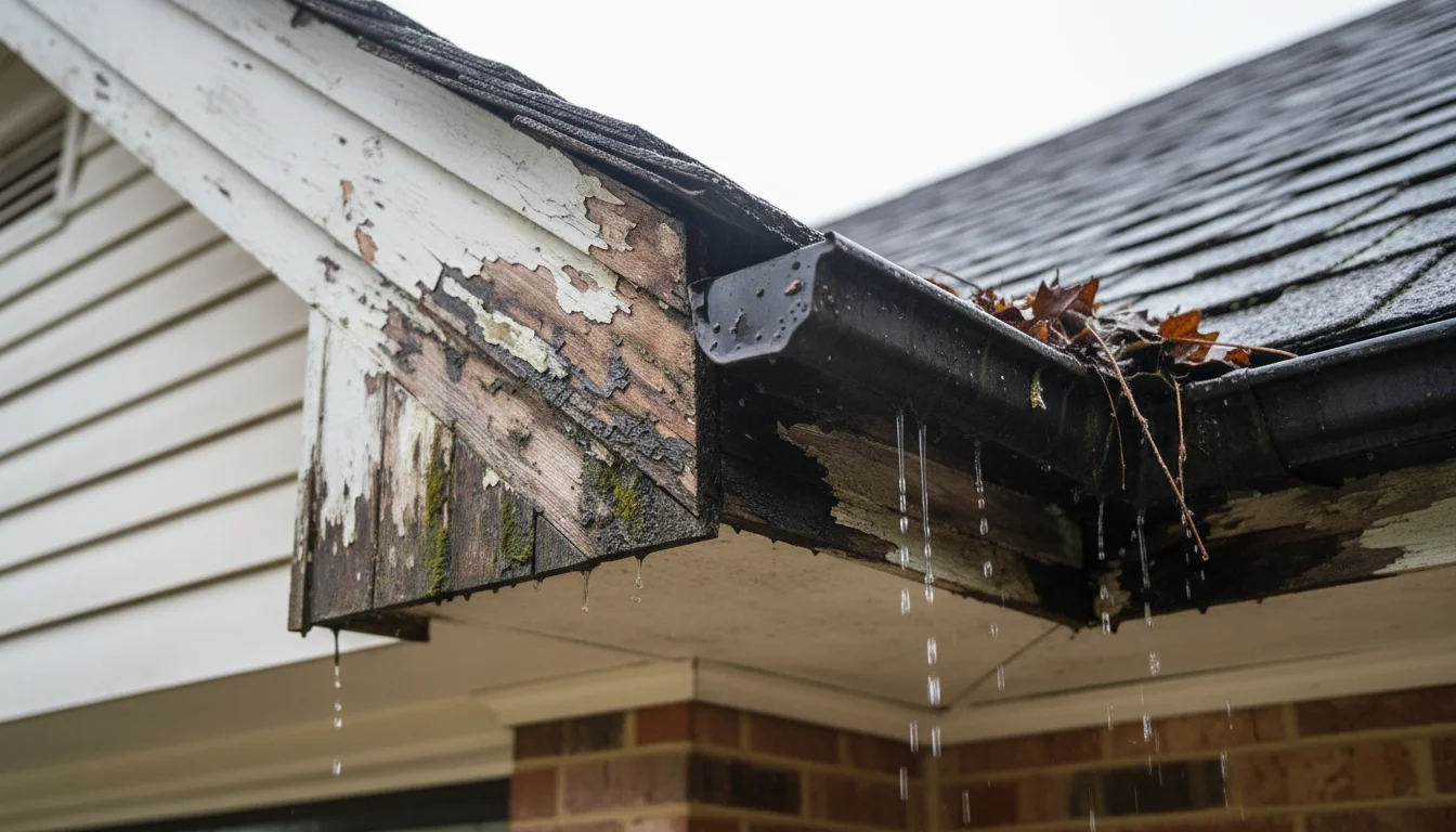 Deteriorating wooden fascia board and soffit under a gutter, showing dark water stains, peeling paint, and green mildew from prolonged moisture.