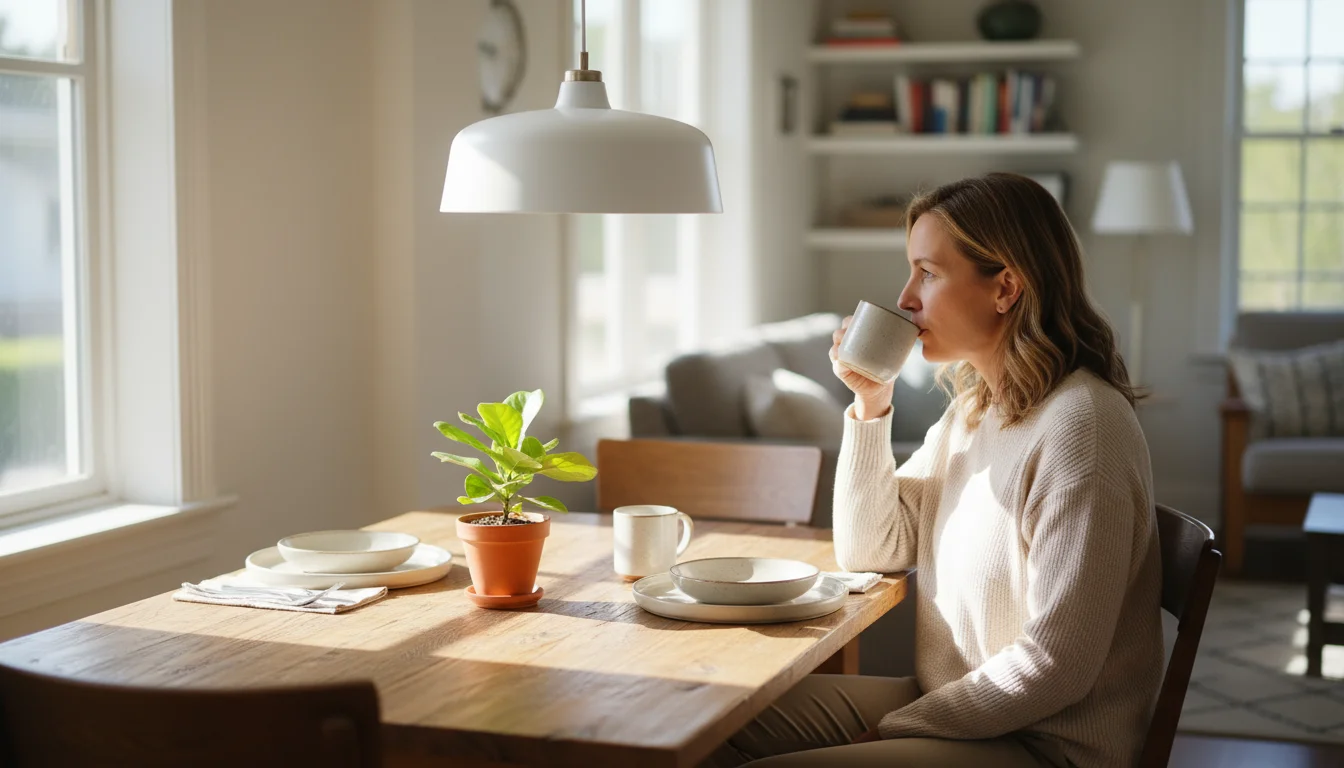 A dining room showing a pendant light hanging at ideal height above a wooden table where a woman sips coffee.