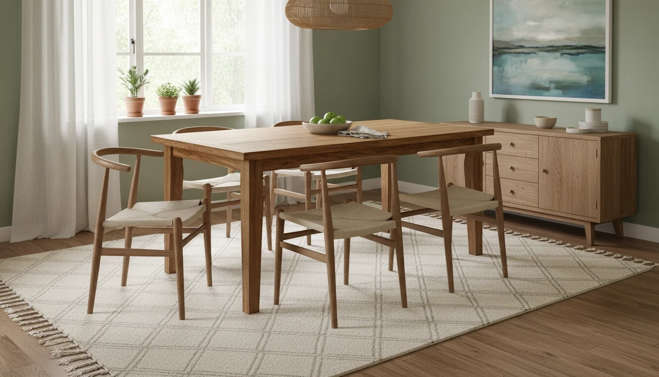 A dining room with a properly sized area rug under a table, showing a pulled-out chair fully on the rug.