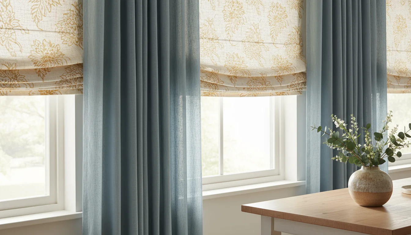 Dining room window: Half-raised cream linen Roman shade, warm gold pattern, layered with soft muted blue cotton side panels. A wooden table and cerami