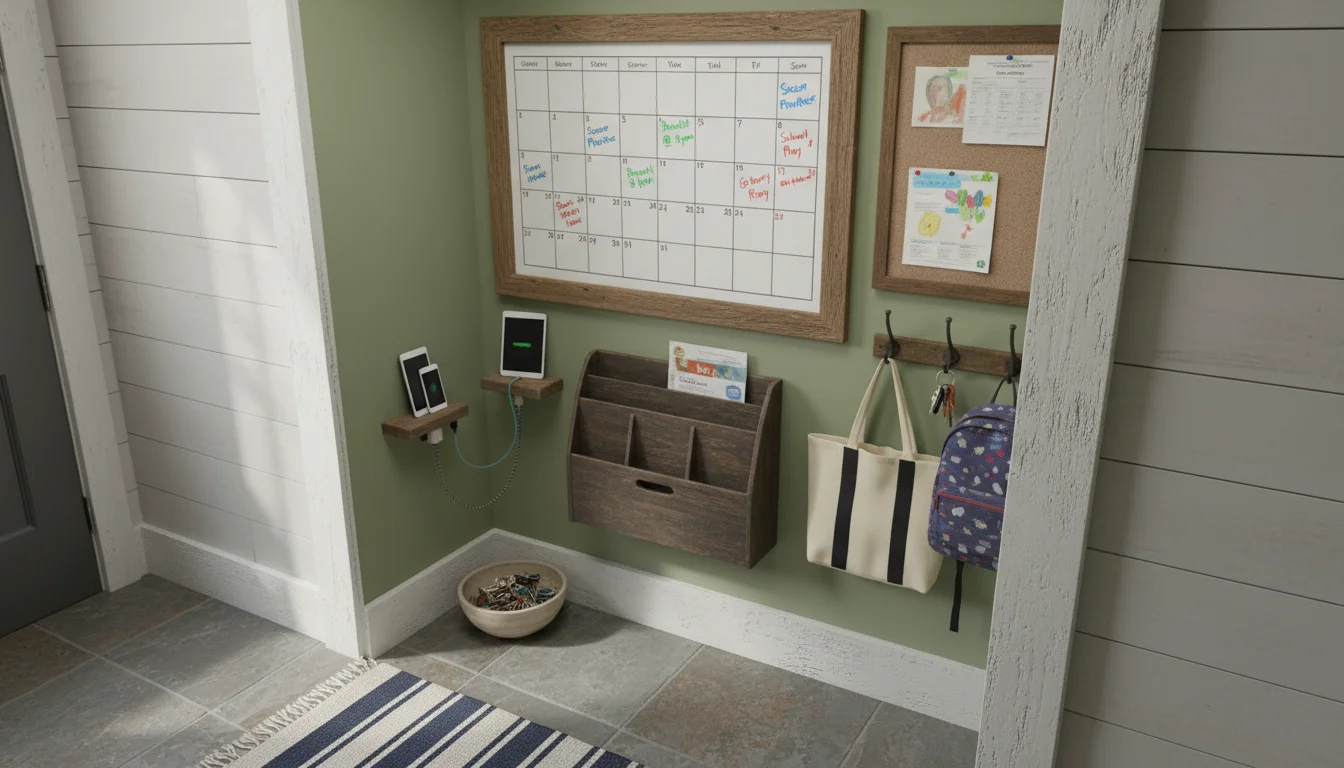 A downward view of a mudroom command center: rustic dry-erase calendar, mail sorter with envelopes, basket of pens, a child's backpack in soft backgro