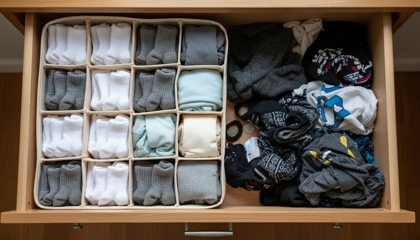 Overhead close-up of a dresser drawer, half organized with fabric dividers holding folded socks and underwear, and a hand sorting a disheveled section