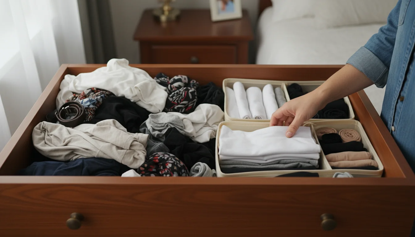 A dresser drawer mid-organization, with a messy side of clothes and an organized side with dividers for neatly folded items.