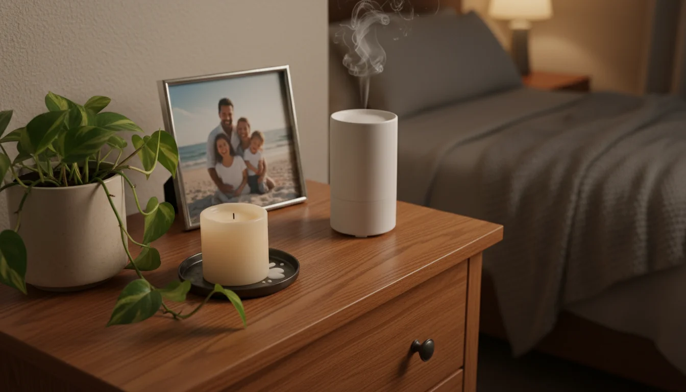 A close-up view of a dresser top with a trailing Pothos plant, an essential oil diffuser, a framed photo, and a candle, all bathed in soft natural lig