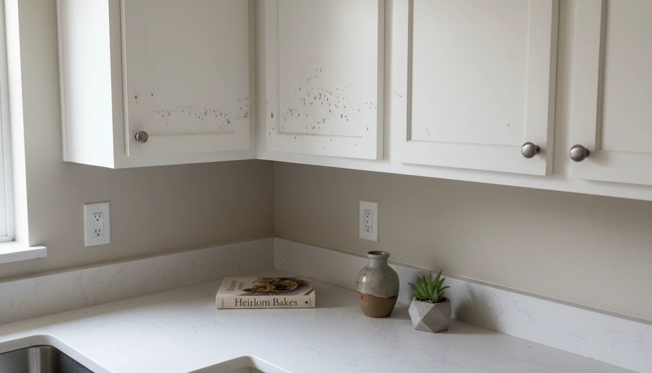 Dusty, empty tops of kitchen upper cabinets with removed items neatly grouped on the counter below, beside a cleaning cloth and spray.