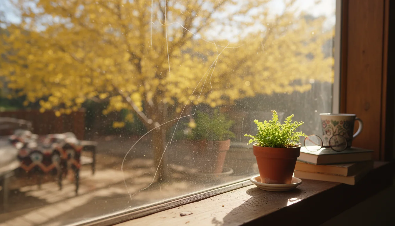 A dusty window pane with faint rain streaks, looking out to a blurred, pollen-covered tree in spring.