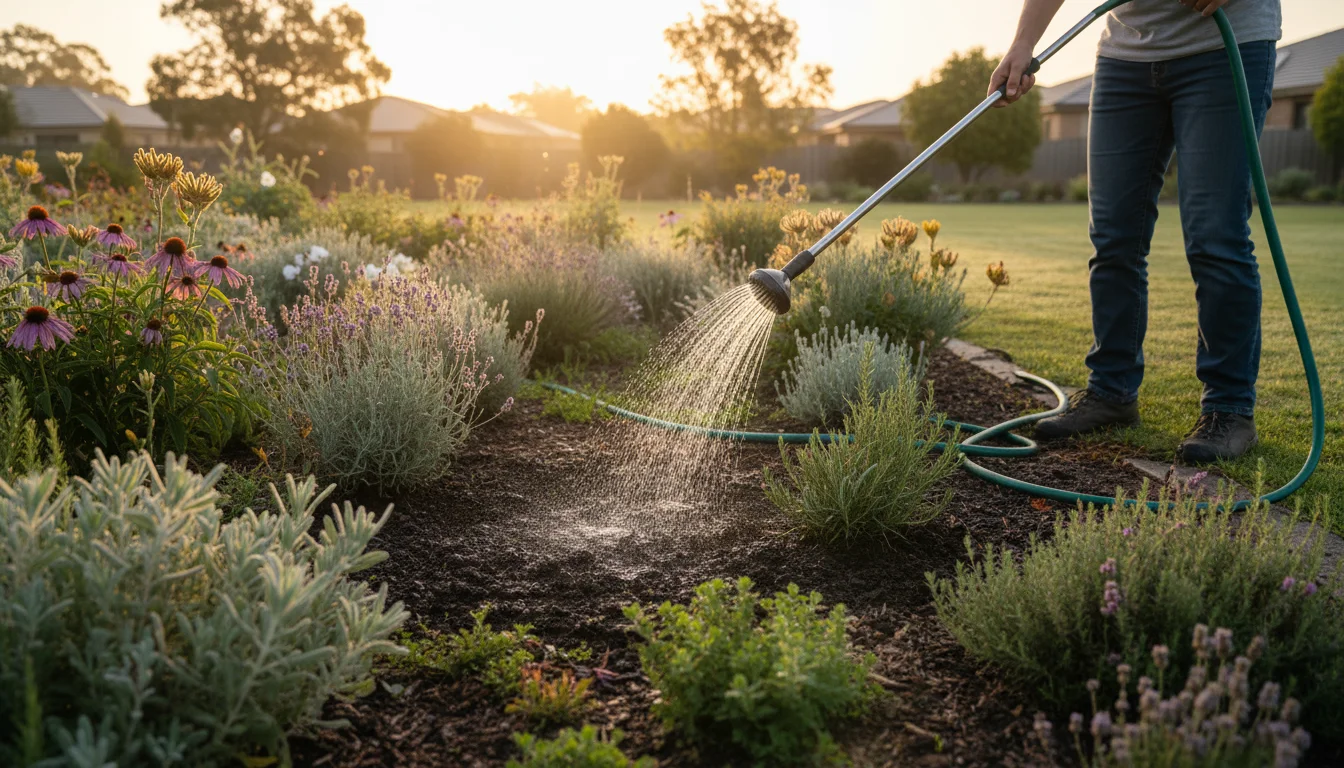 Early morning scene showing a person watering a diverse garden bed deeply and carefully with a long wand, focusing on plant bases.