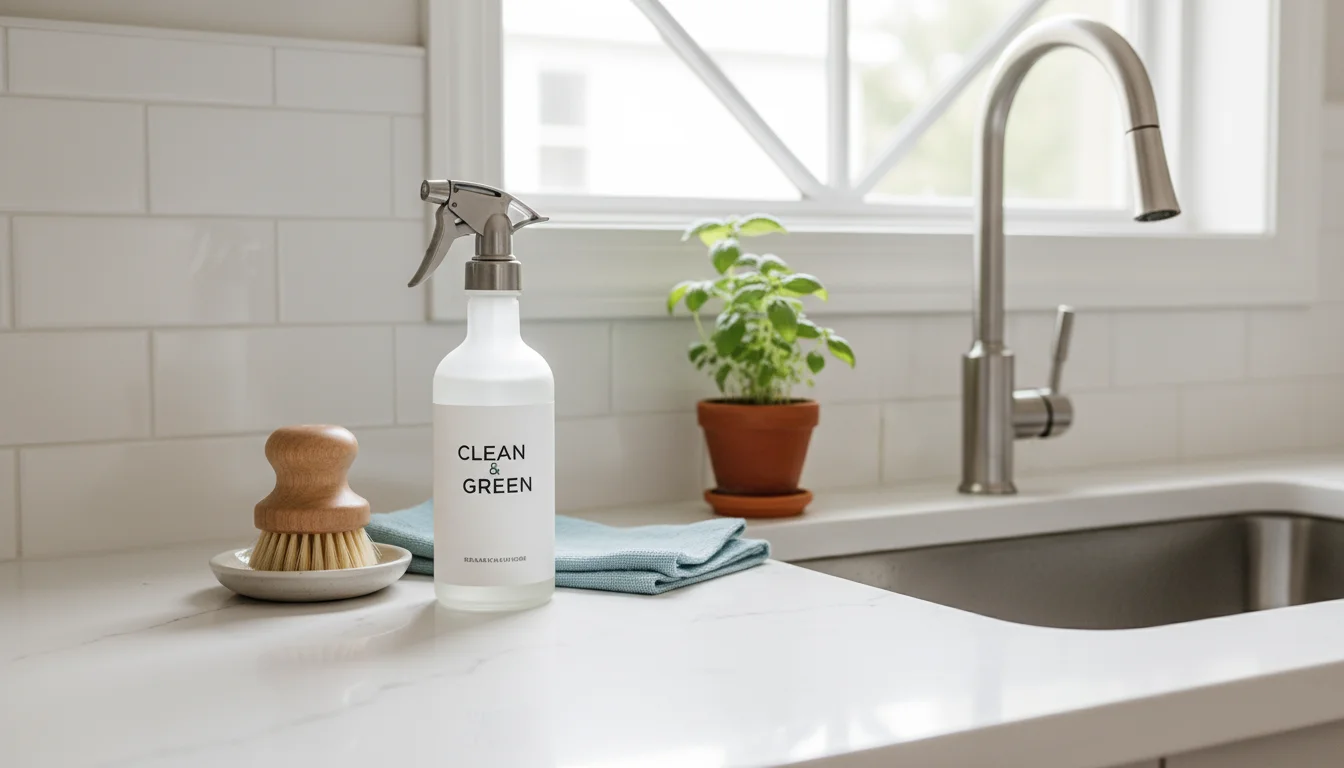 An eco-friendly all-purpose cleaner spray bottle, wooden scrub brush, and microfiber cloth neatly arranged by a sparkling kitchen sink.