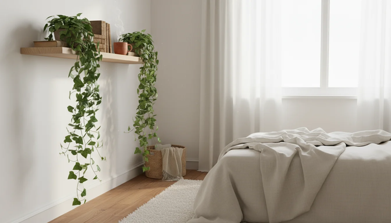 English Ivy trails elegantly from a light-toned wooden bedroom shelf above a neatly made bed with linen bedding, bathed in soft morning light.