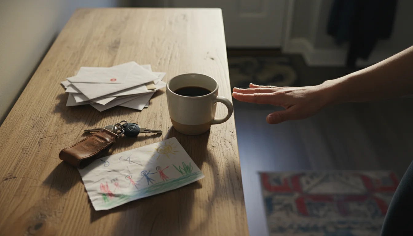 Slightly elevated view of an entryway console table with mail, keys, a coffee mug, and a child's drawing, as a parent's hand hovers above them.