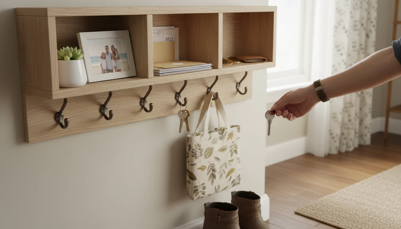 Entryway with wall-mounted wooden organizer, holding keys, a reusable bag, neatly stacked mail, a small plant, and a framed photo. A hand reaches for 