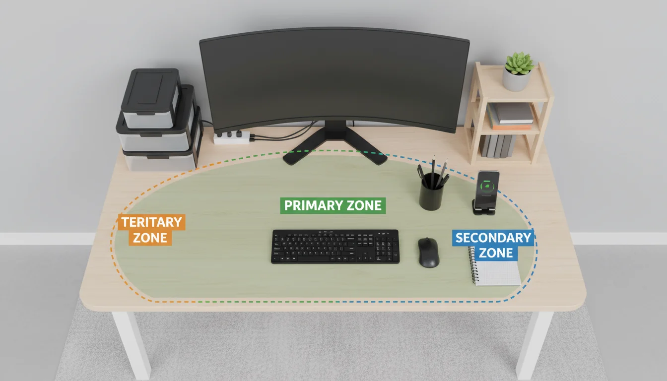 Diagram showing an ergonomic desk setup with primary, secondary, and tertiary zones, and neat cable management.