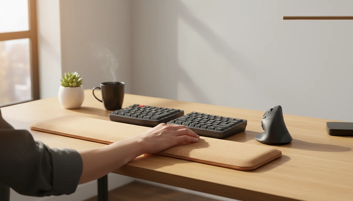 An ergonomic split keyboard, vertical mouse, and wrist rest on a light wood desk, with a person's hand resting on the wrist rest.