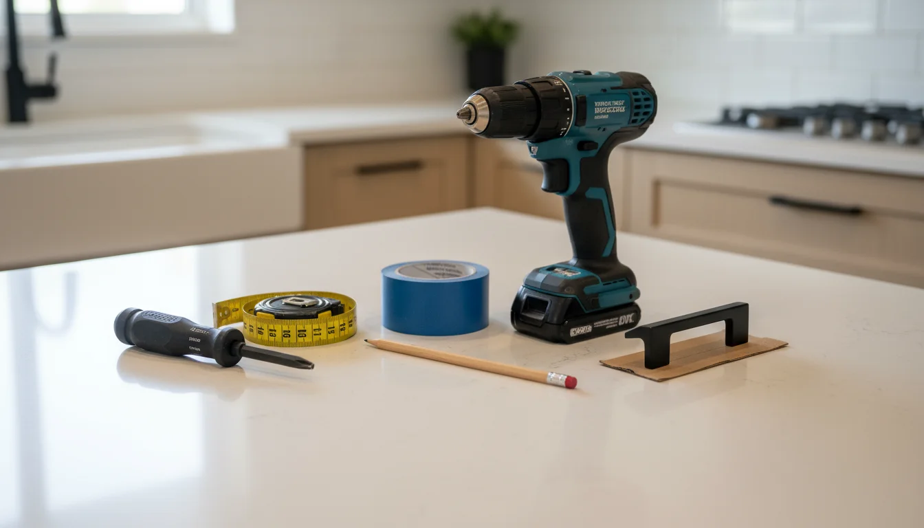 Essential DIY tools including a screwdriver, measuring tape, pencil, painter's tape, and a compact drill laid on a kitchen counter.