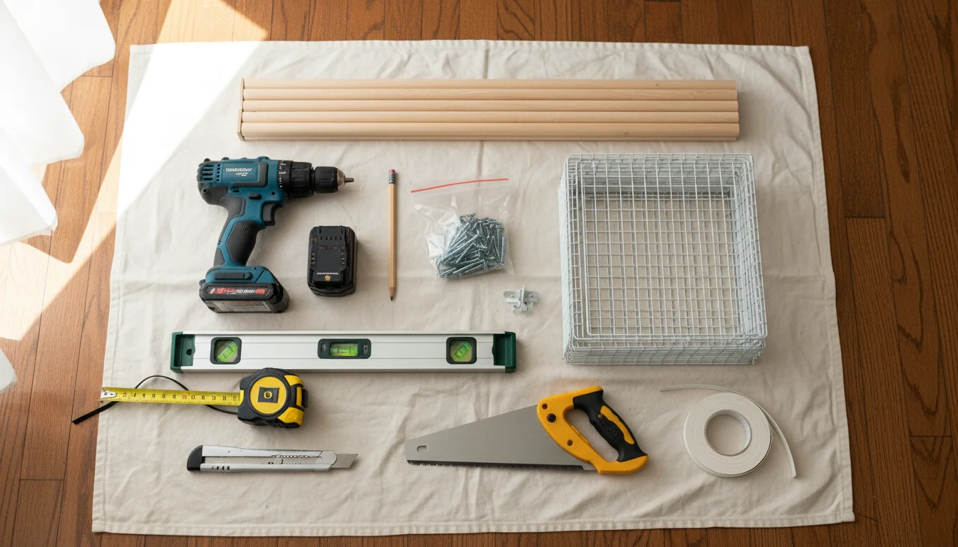 Essential DIY tools like a cordless drill, tape measure, and level, alongside white shelving boards, laid out on a drop cloth on a wooden floor.