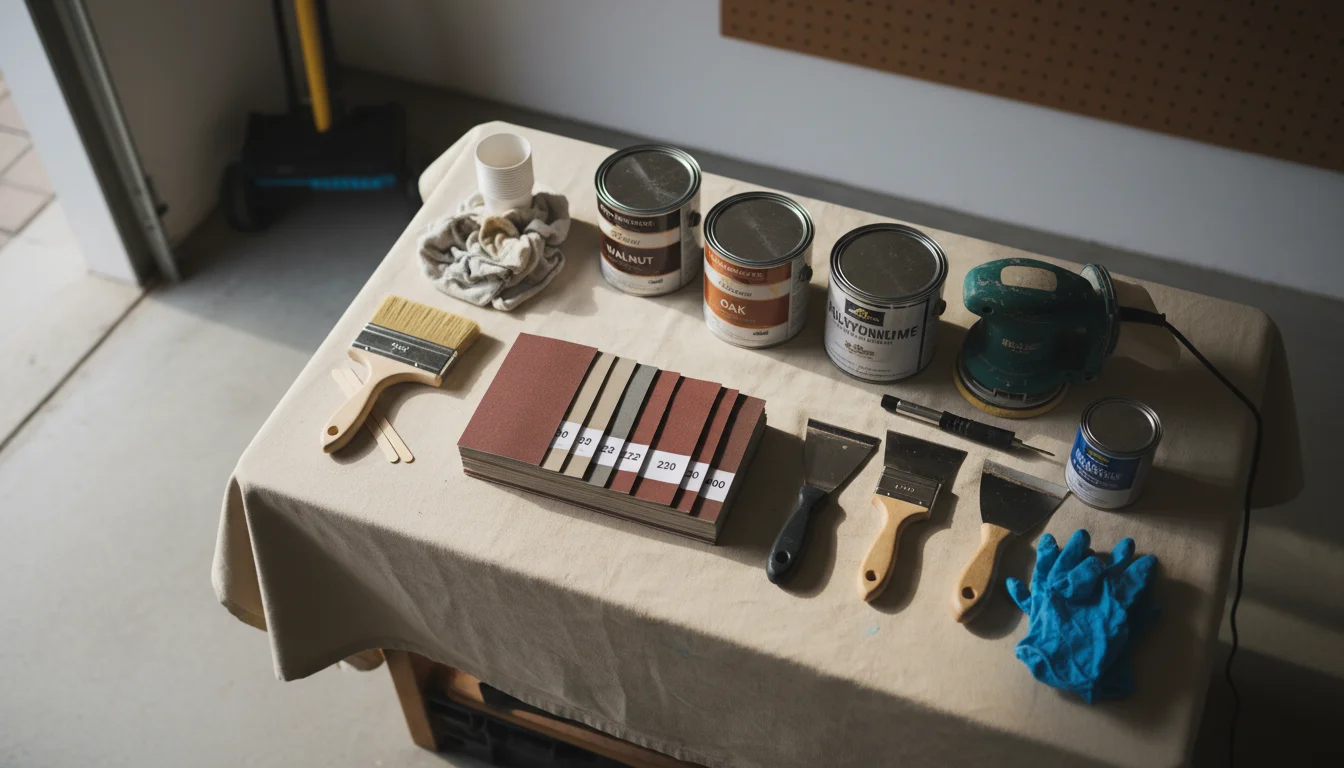 A top-down view of essential furniture refinishing tools: sandpaper, paintbrushes, wood stain, wood filler, painter's tape, gloves, and a checklist, n