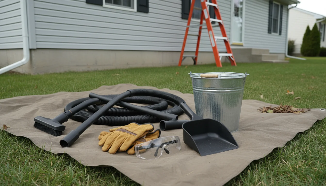 Essential gutter cleaning tools and safety gear, including work gloves, safety glasses, and a scoop, neatly arranged on a tarp.