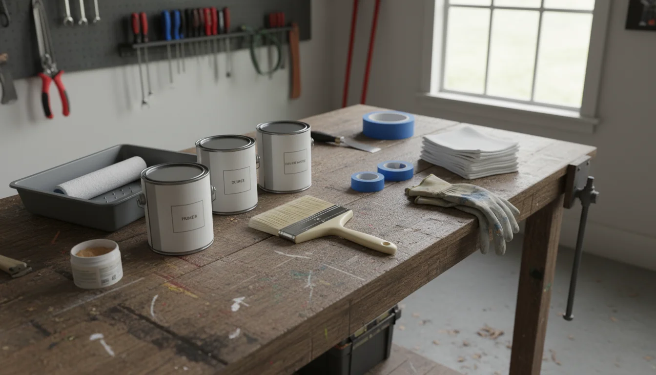 Essential tools for painting cabinets spread on a workbench: paint cans, brushes, rollers, painter's tape, sandpaper, and cleaner.