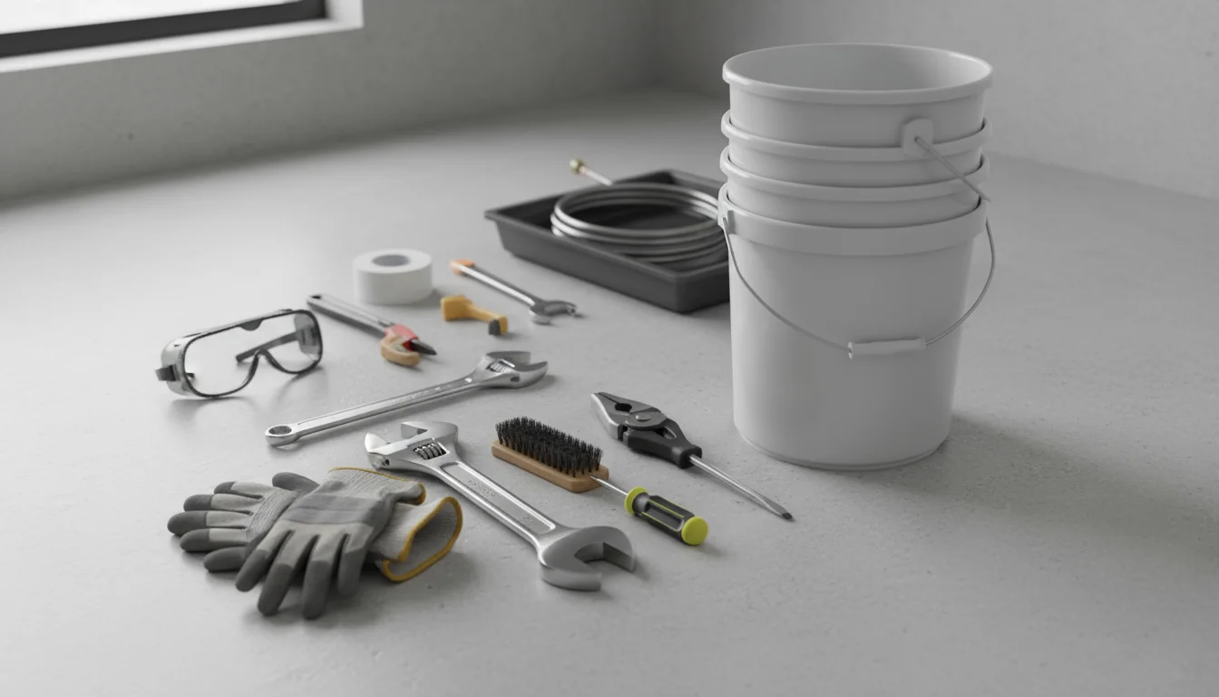 Essential water heater maintenance tools, including gloves, goggles, wrenches, screwdriver, wire brush, stacked buckets, and a coiled garden hose, nea