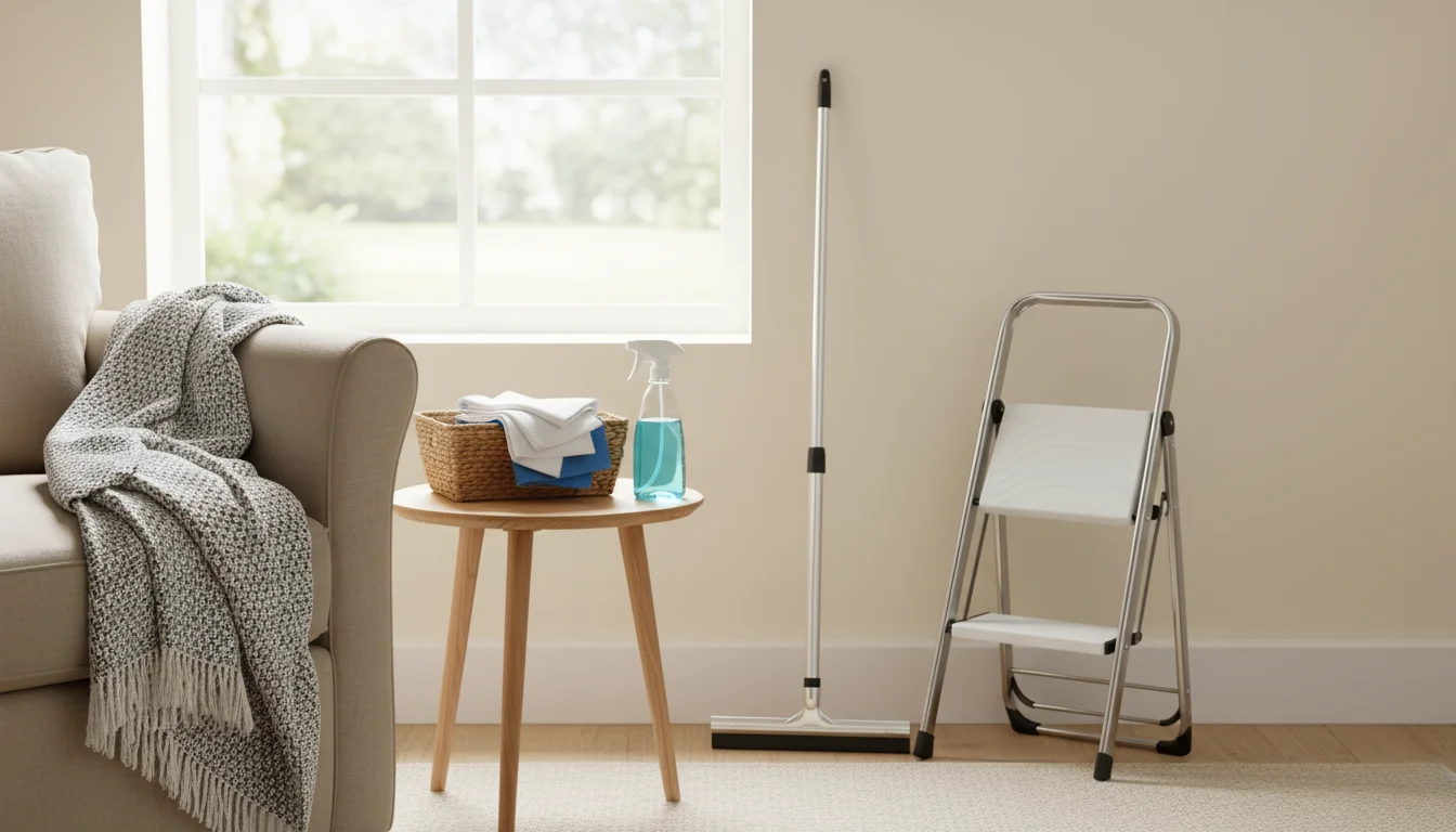 An extension pole and a folded ladder lean near a window, with a basket of clean microfiber cloths, a squeegee, and a detail brush on a nearby table.