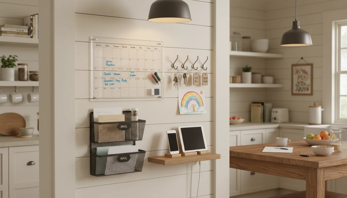 A family command center on a kitchen wall with a calendar, mail sorter, key hooks, and phone charging station.