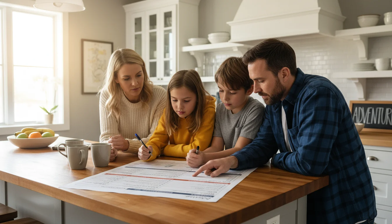A family of four, including two children, gathers at their kitchen island to discuss and review a printed hurricane emergency plan.