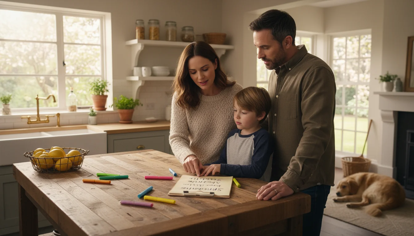 A family, including two adults and a child, gathers around a kitchen island reviewing a handwritten spring cleaning checklist.