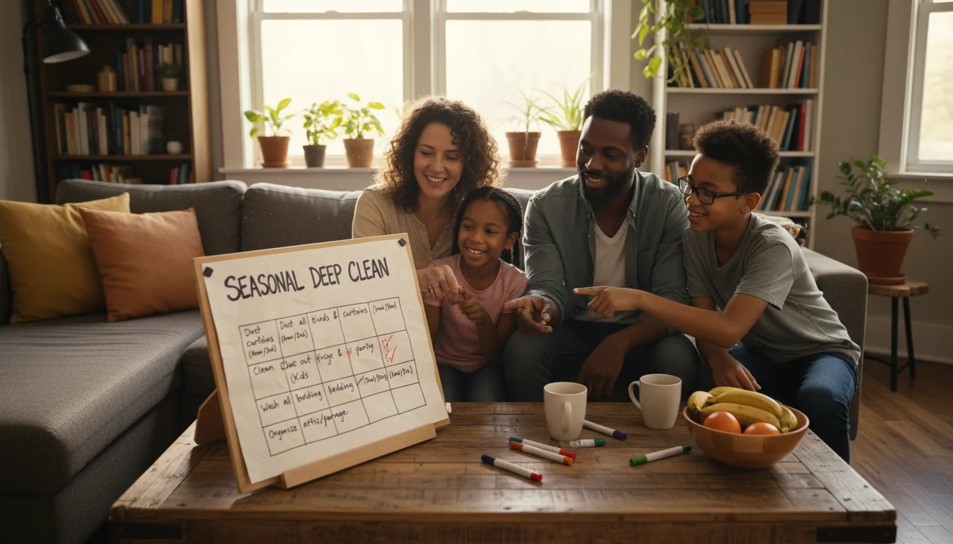A family reviews a handwritten deep cleaning schedule at their living room coffee table, with a donation pile visible in the background.