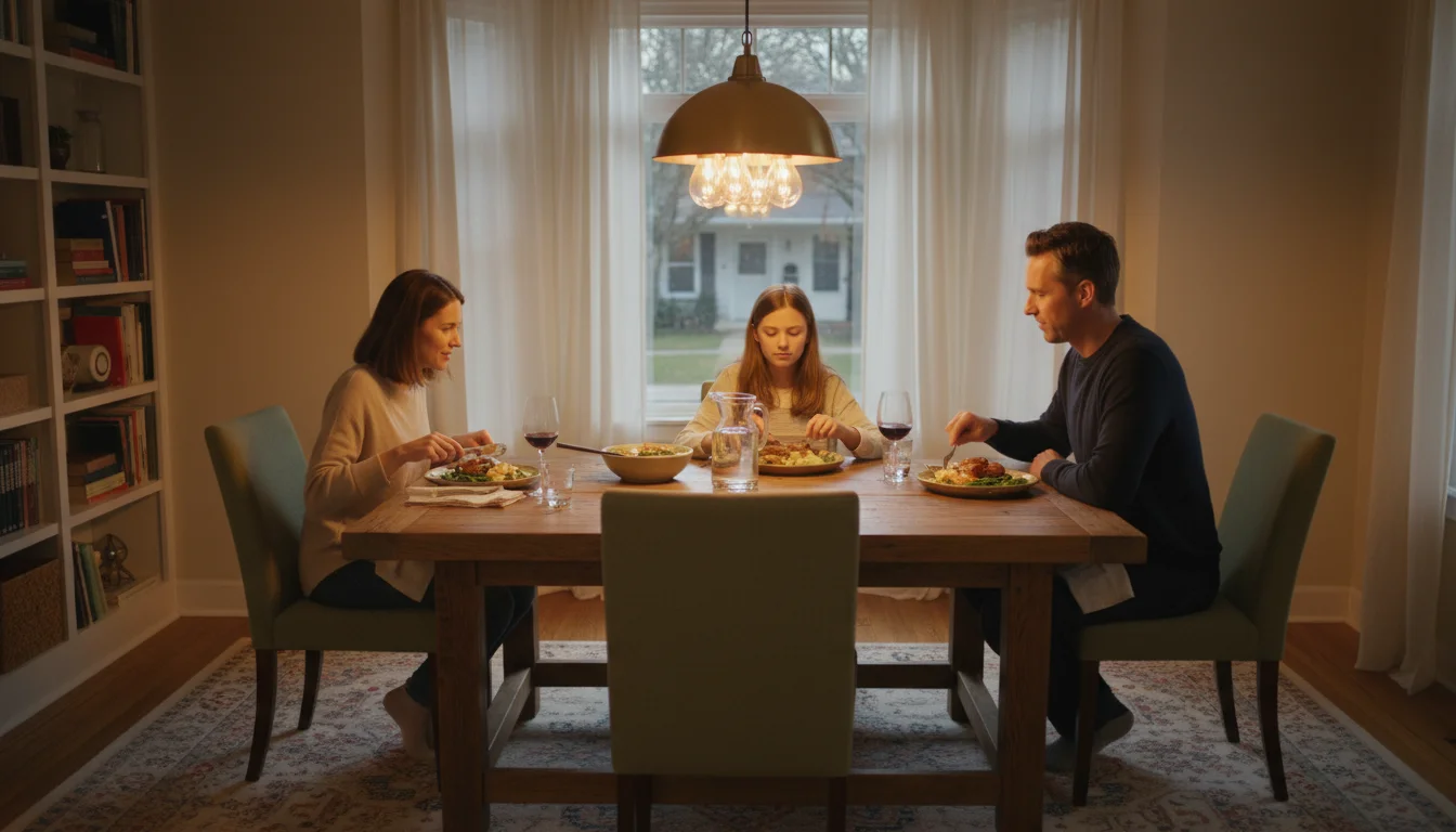 A family of three sits comfortably at a wooden dining table, illuminated by a warm pendant light and soft evening sun, with chairs spaced for movement