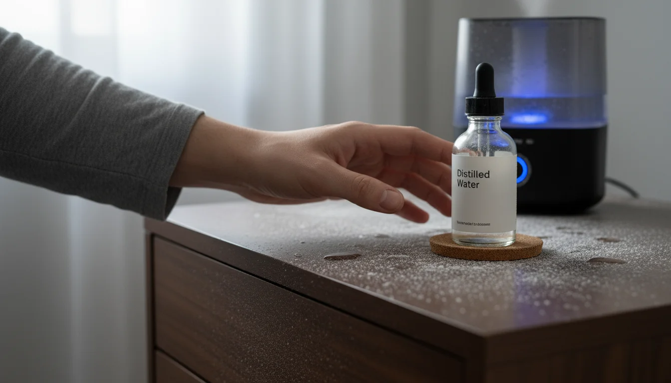 Fine white mineral dust covers a dark wood surface next to a running humidifier and a person's hand reaching for distilled water.