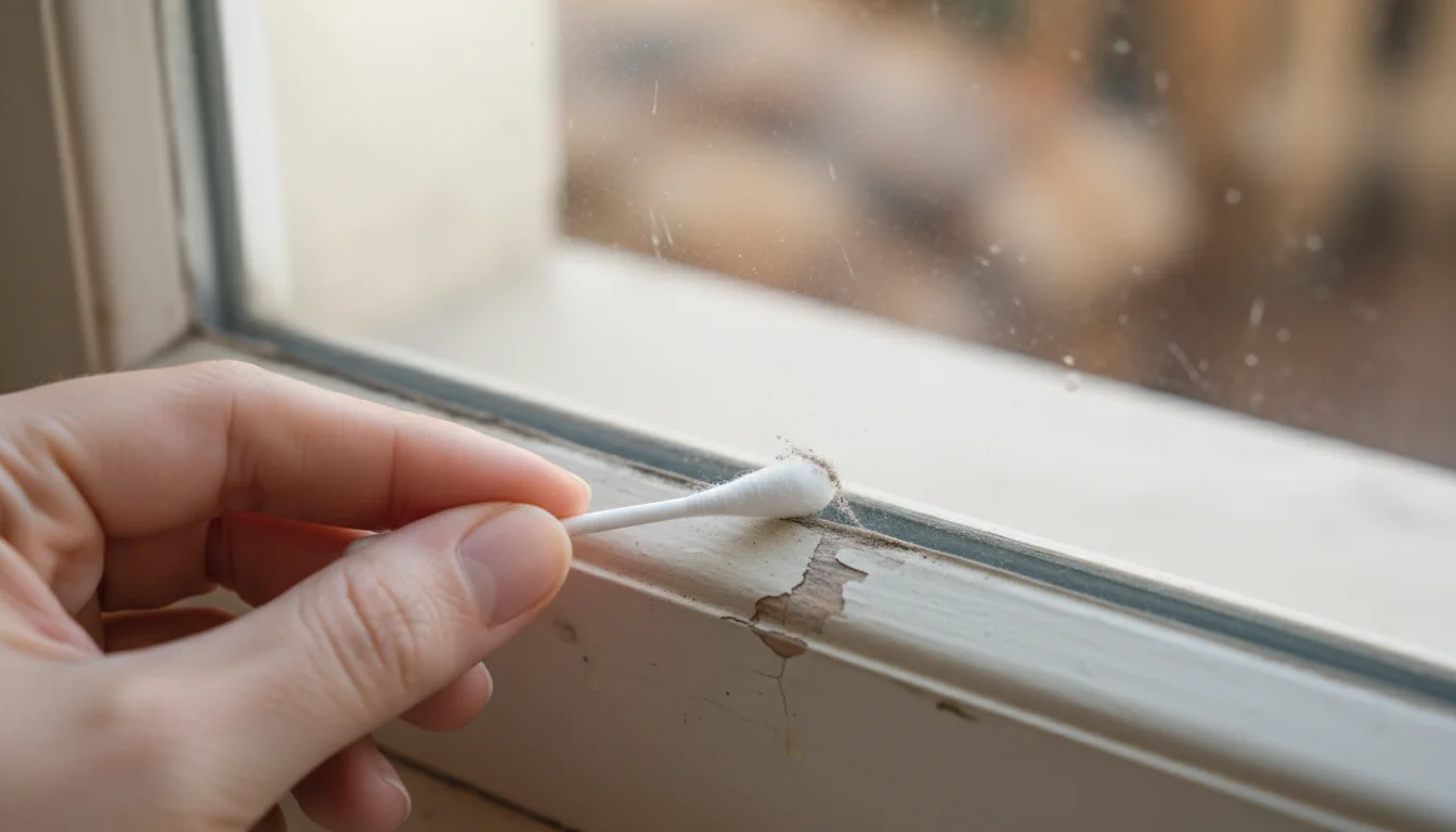 Close-up of fingers using a cotton swab to clean accumulated dirt from a window pane corner.
