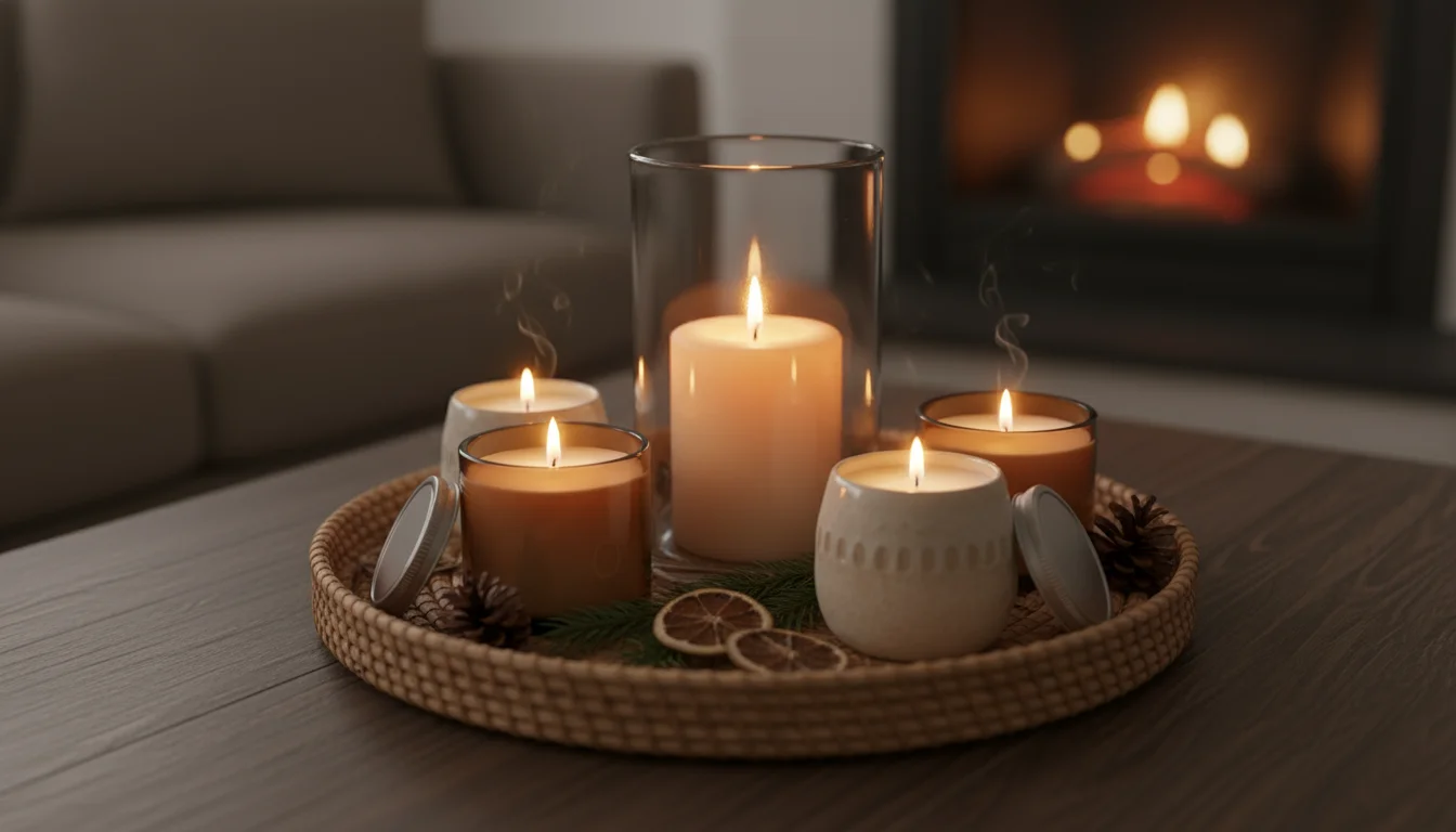 Five lit candles of varying heights and textures on a round woven tray. Natural elements like dried orange slices and pinecones surround them.