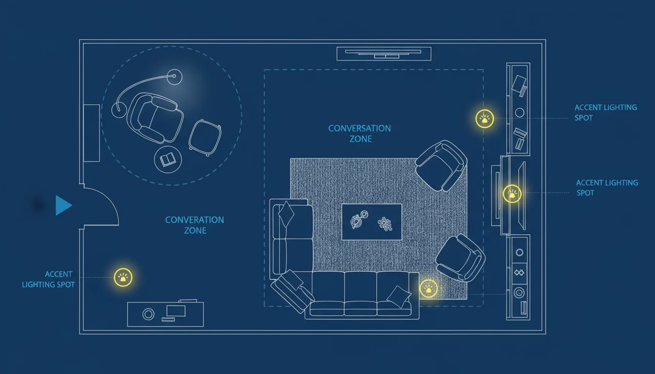 Floor plan diagram showing cozy living room zones for reading, conversation, and lighting arrangement.
