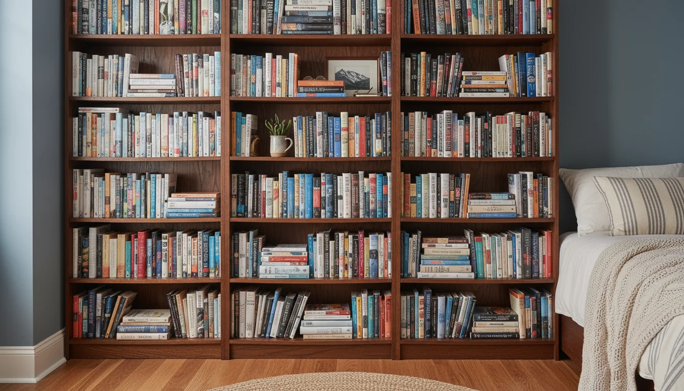 A floor-to-ceiling bookshelf, packed with books and objects, positioned tightly against a bedroom wall to help dampen sound.