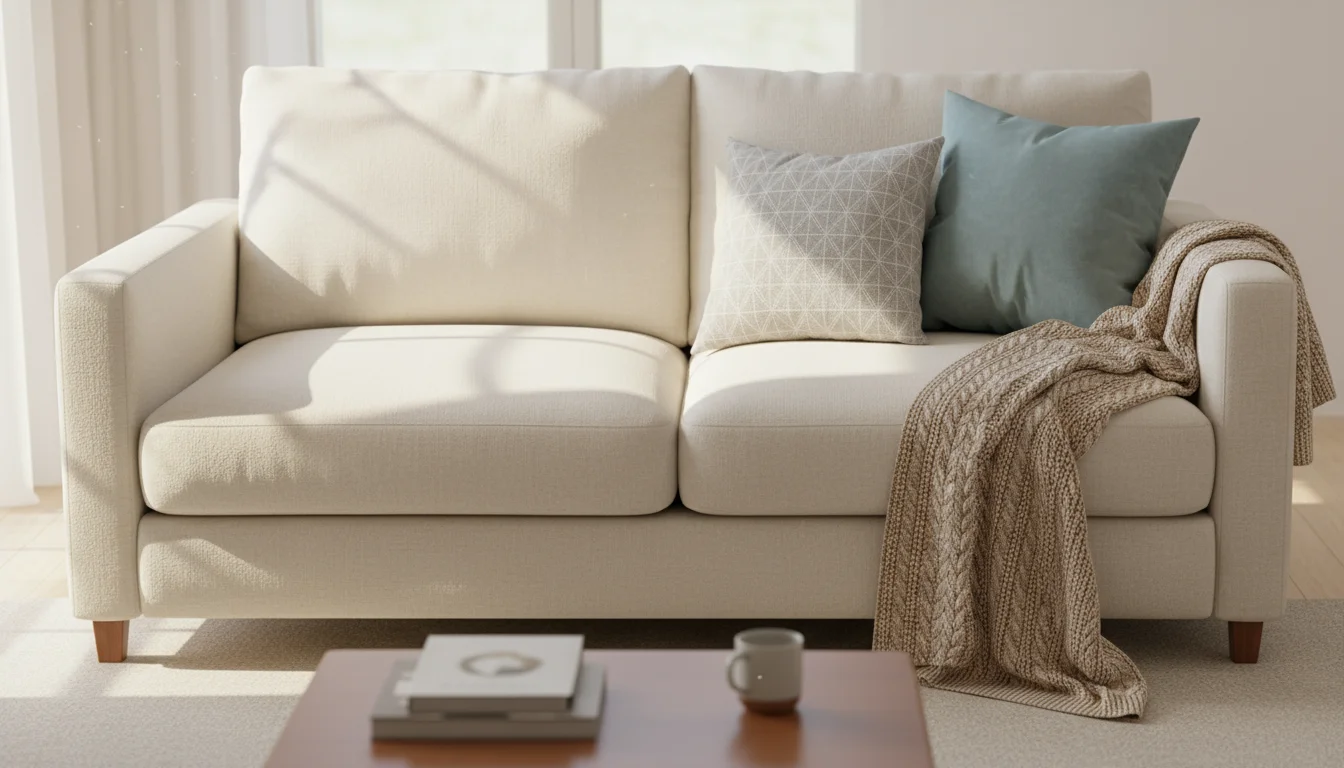 Fluffed cushions, a neatly folded throw, and organized pillows on a clean living room sofa with bright sunlight.