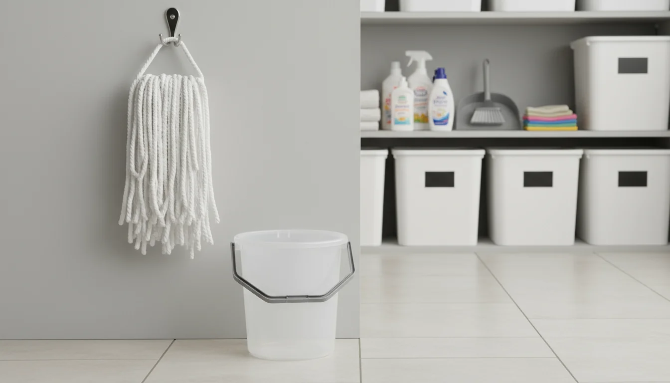 A fluffy, dry white microfiber mop head hangs on a hook above a clean mop bucket in an organized laundry room.