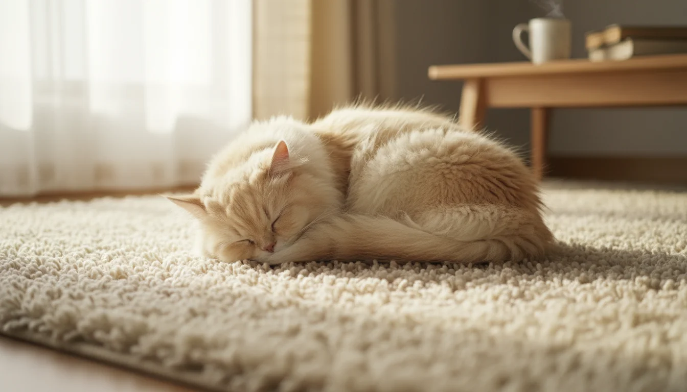 A fluffy, light-colored cat peacefully sleeping, nestled deep into a high-pile, cream-colored area rug under soft natural light.