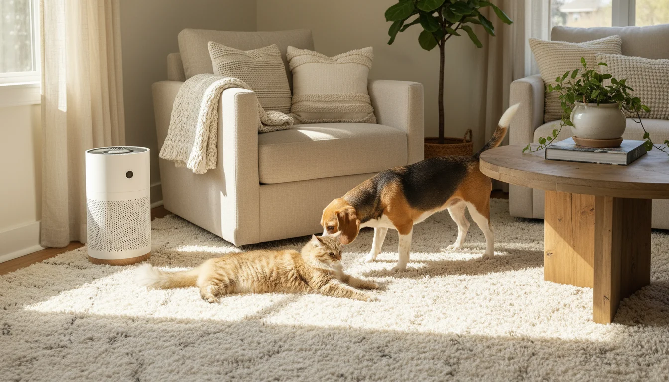 A fluffy tabby cat stretches on a light rug next to a playful beagle mix in a sunlit living room with an air purifier.