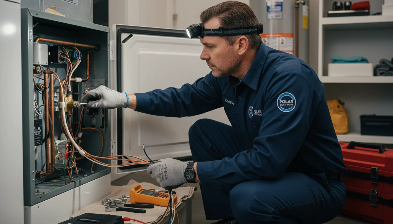 A focused HVAC technician inspects a home furnace's internal components, adjusting a part with a tool and headlamp.