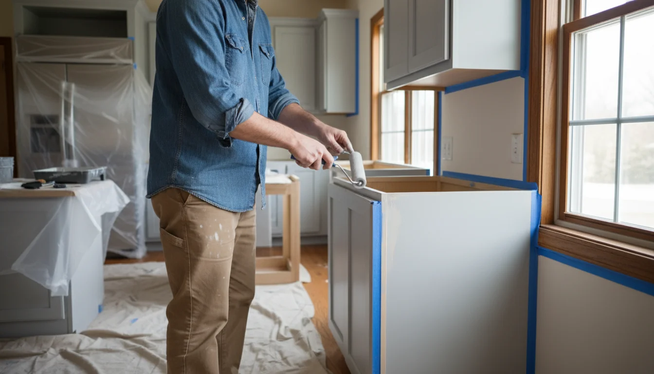 Focused shot of a person's hands carefully using a small foam roller to apply a thin coat of light gray paint to the side of an upper kitchen cabinet