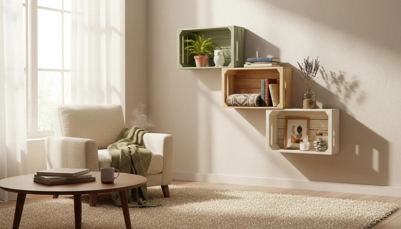 Four repurposed wooden crates, two natural wood and two painted soft green and cream, mounted on a beige wall, holding plants, books, and a candle.