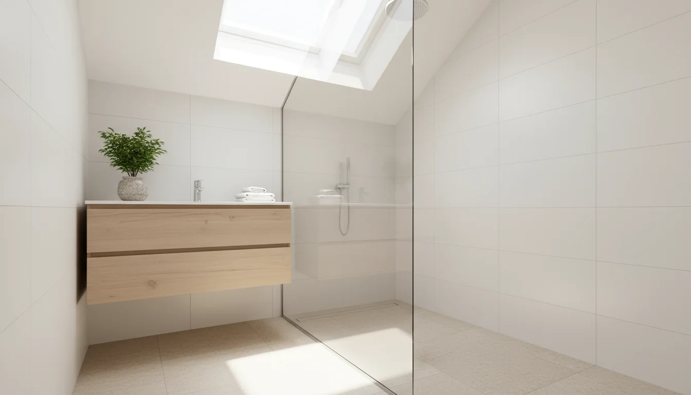 Clear frameless glass shower enclosure in a small, bright bathroom. A vanity with a plant and towels is visible through the glass.
