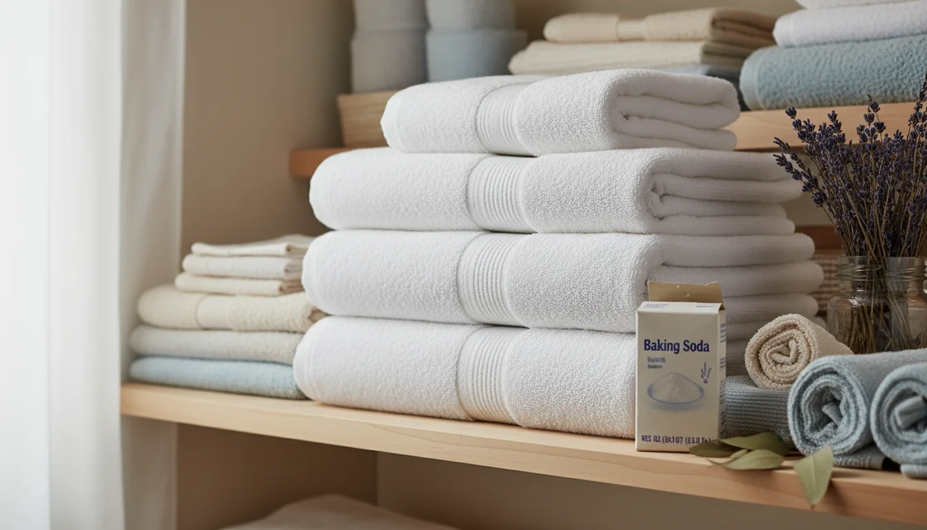 Freshly folded white bath towels on a wooden linen closet shelf, with an open box of baking soda and a visible cedar block.