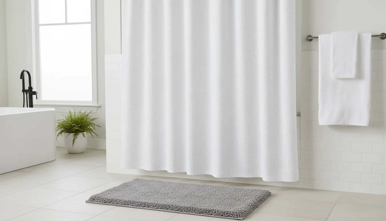A freshly hung white waffle-weave shower curtain, a soft gray bath mat, and neatly folded gray hand towels in a bright, clean bathroom.