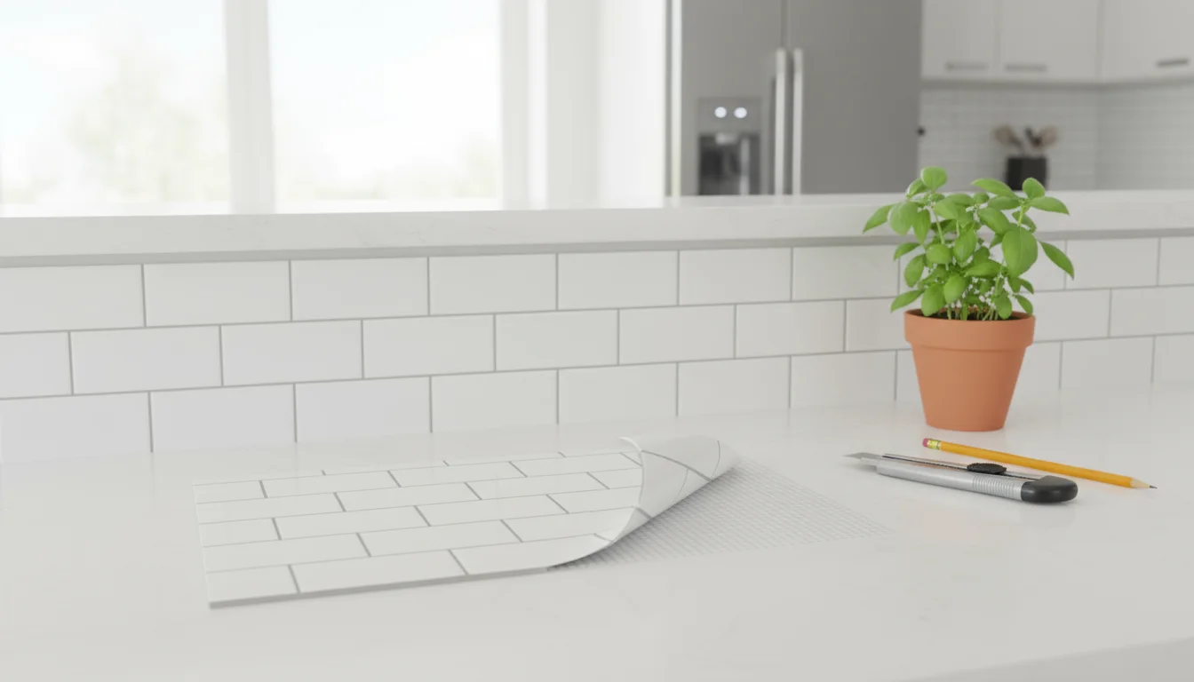 A freshly installed white subway-style peel-and-stick backsplash gleams in a bright kitchen, with a partially unpeeled tile sheet on the counter.