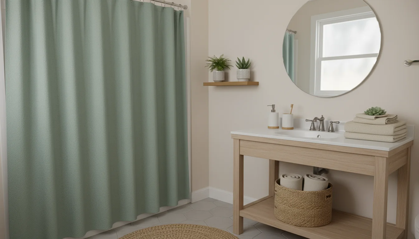 A freshly updated bathroom featuring a new sage green shower curtain, cream towels, and matte white ceramic accessories on a wooden vanity.