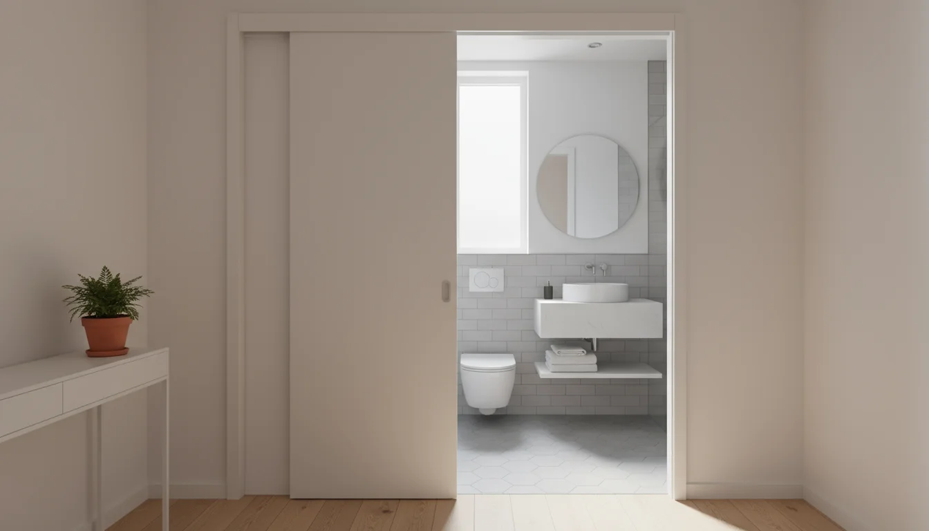 A fully recessed pocket door creates a wide-open bathroom entrance, with a slim console table and plant in the now-clear hallway space.