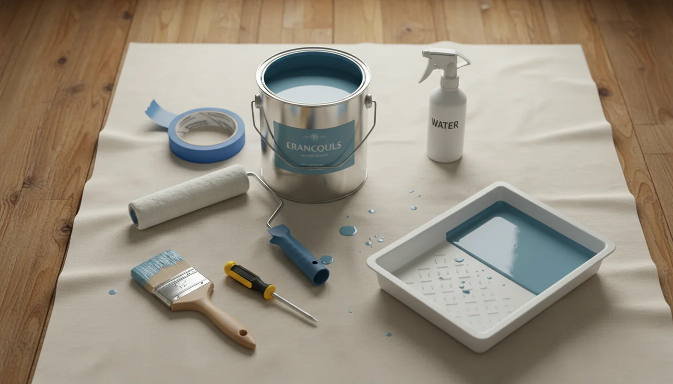 A gallon paint can, roller, brush, tape, tray, screwdriver, and cleaner laid out on a drop cloth on a wood floor.