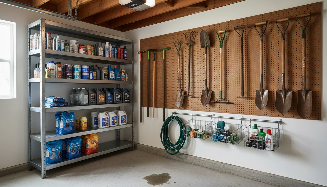 A garage corner shows a heavy-duty metal shelving unit with paint and pet food next to a wall-mounted pegboard with tools and a rail system with suppl
